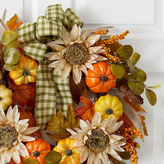 Fall Pumpkin Sunflower Wreath with Ribbon, green plaid bow, orange pumpkins on Tampa Home & Garden Store