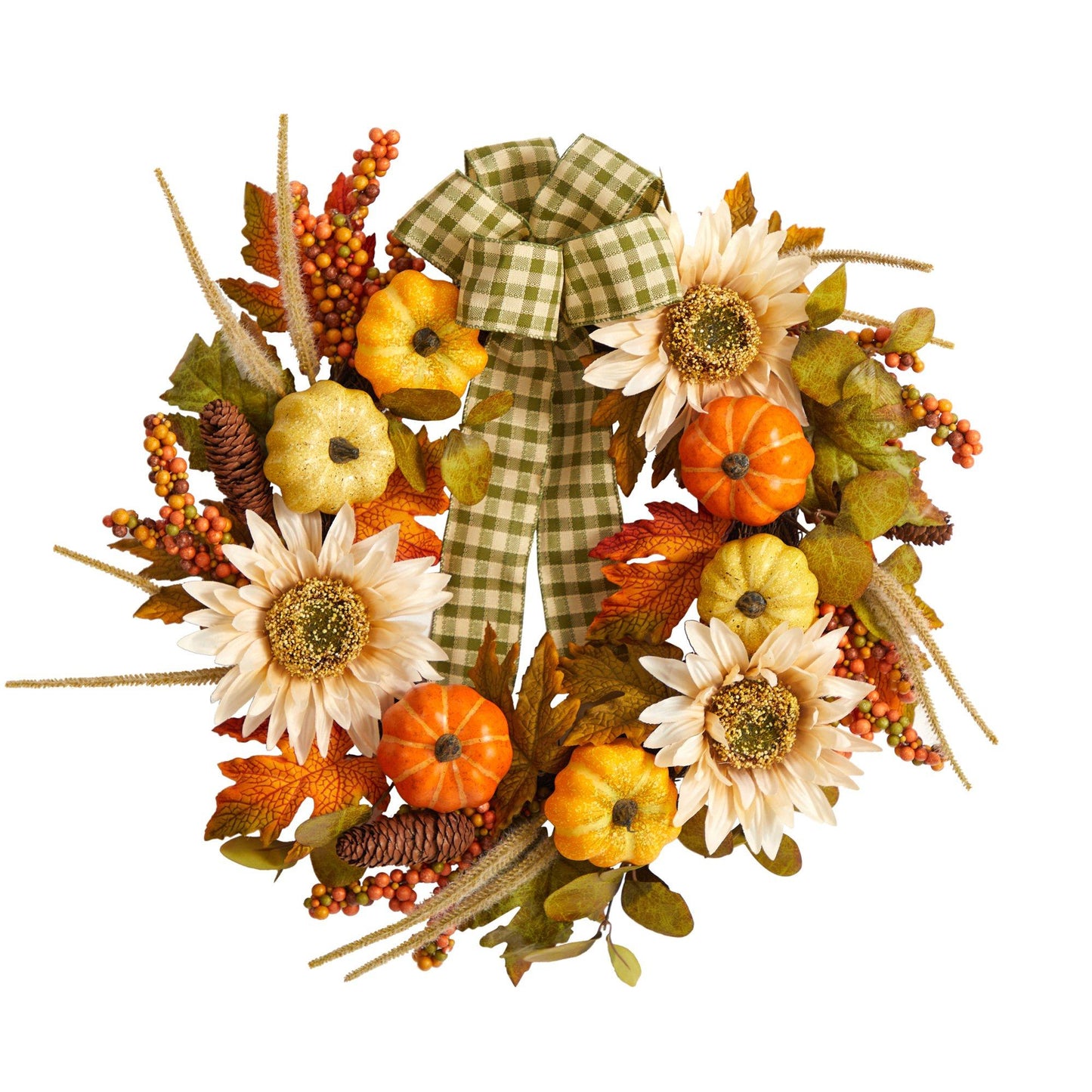 24” Fall Pumpkin, Sunflower Artificial Autumn Wreath with Decorative Ribbon - Tampa Home & Garden Store