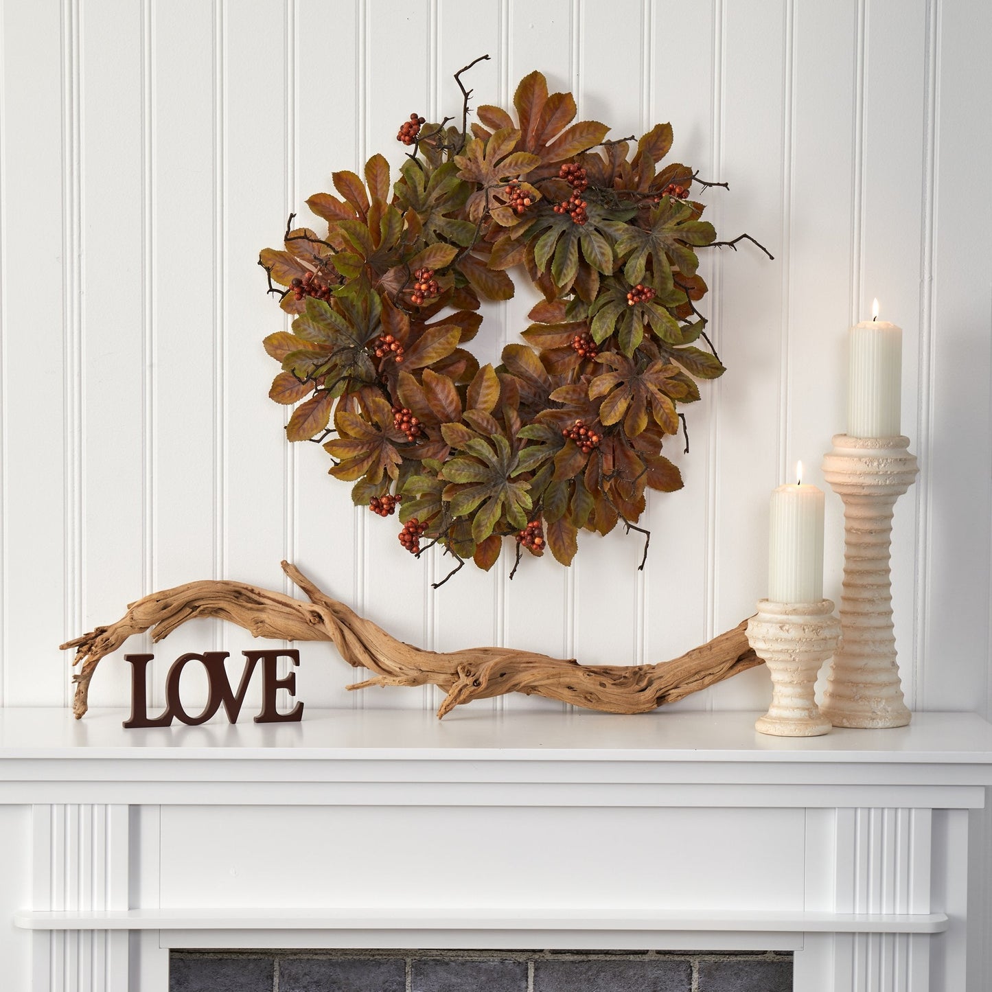 24” Fatsia with Berries Autumn Artificial Wreath - Tampa Home & Garden Store