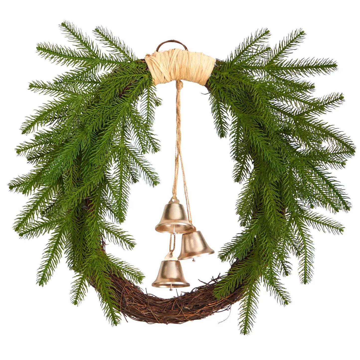 24-Inch Holiday Pine and Bells Wreath by Nearly Natural with green pine and gold bells on Tampa Home & Garden Store