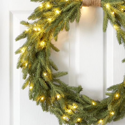 24-Inch Christmas Pre-Lit Cascading Pine Wreath by Nearly Natural with warm LED lights on Tampa Home & Garden Store