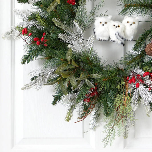 24” Holiday Winter Owl Family Pinecone Berry Christmas Artificial Wreath - Tampa Home & Garden Store