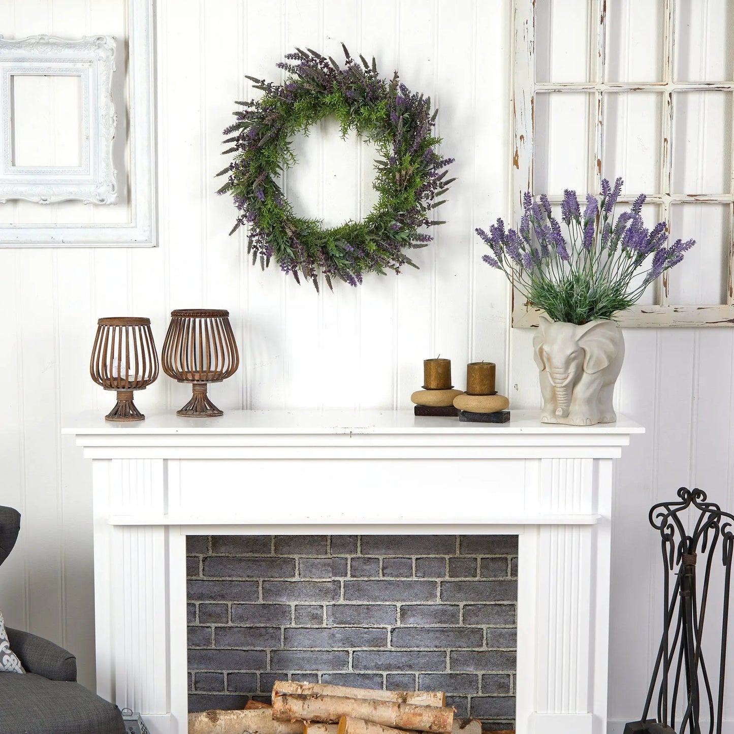 Lavender artificial wreath 24 in centerpiece with green foliage and purple sprigs on white wall on Tampa Home & Garden Store