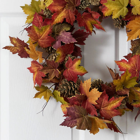 24 inch Nearly Natural maple pine cone wreath with red orange yellow leaves and pine cones on Tampa Home & Garden Store