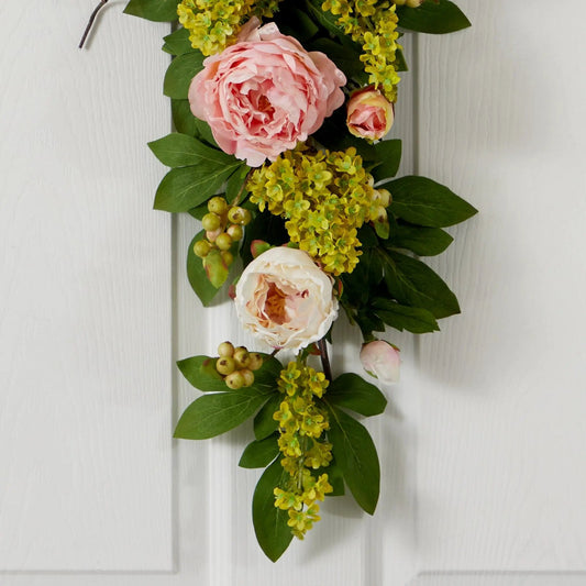 24 inch Peony and Hydrangea Teardrop garland Nearly Natural pink peonies yellow hydrangea on Tampa Home & Garden Store