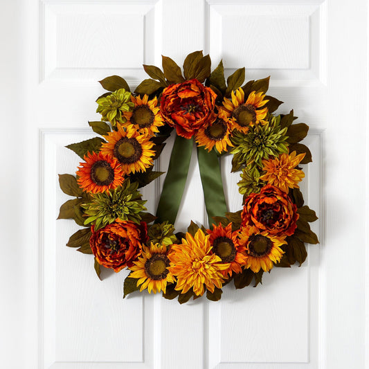 24” Peony, Dahlia and Sunflower Artificial Wreath - Tampa Home & Garden Store