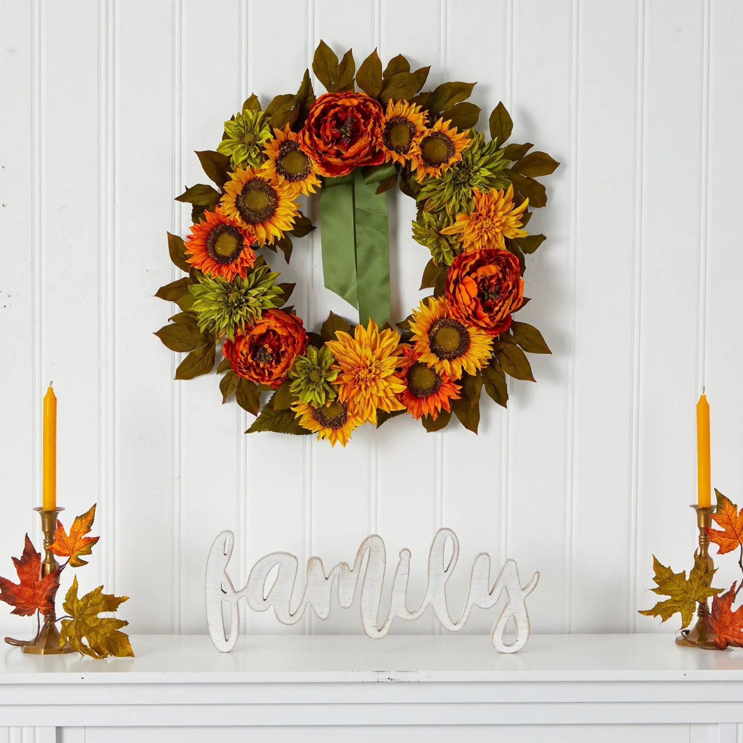 Wreath 24 inch Peony Dahlia Sunflower with orange and yellow blooms, Nearly Natural on Tampa Home & Garden Store