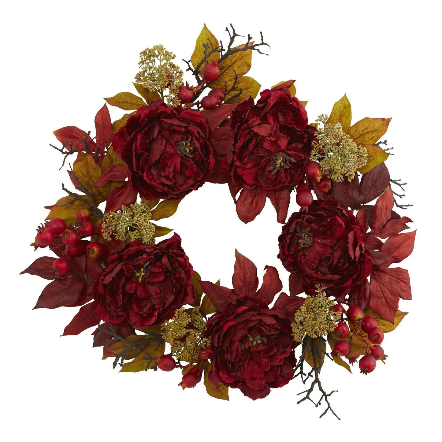 Artificial Peony Sedum Wreath with Orange Leaves, Nearly Natural, deep red blooms on Tampa Home & Garden Store