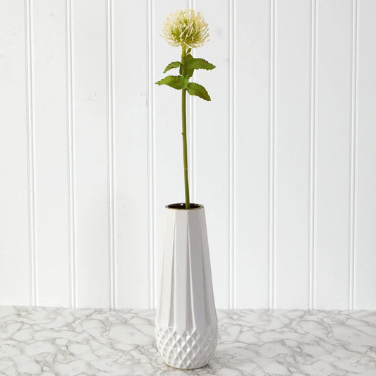 24 inch pincushion artificial flower set of 6 with cream blooms in a white diamond-pattern vase on Tampa Home & Garden Store