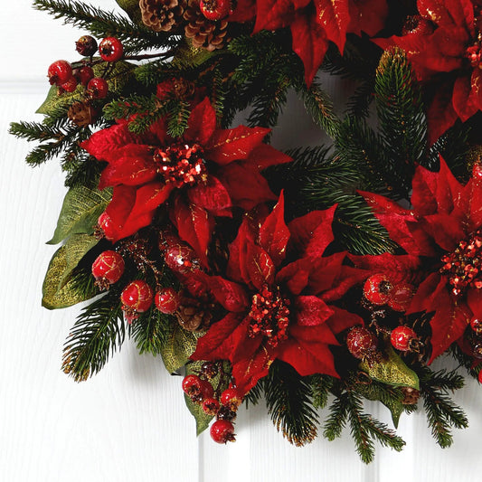 Nearly Natural 24 Inch Poinsettia and Berry Wreath with red poinsettias and green evergreens on Tampa Home & Garden Store
