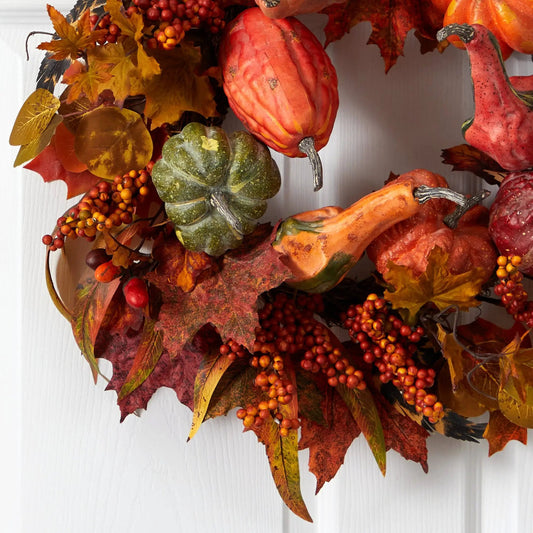 Pumpkin and Berry Harvest Wreath, 24 inch with orange pumpkins and leaves Nearly Natural on Tampa Home & Garden Store