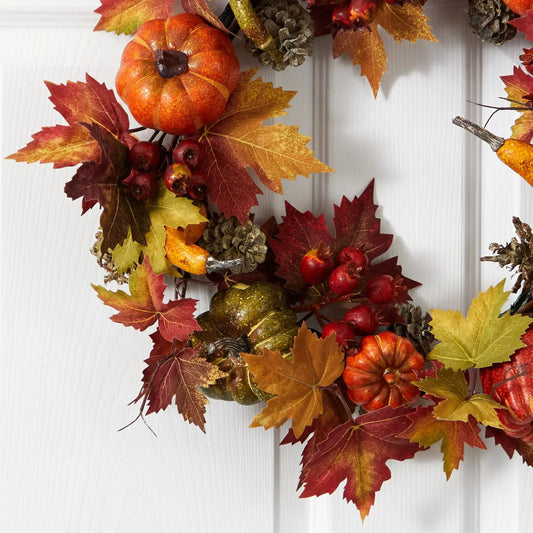 24” Pumpkin, Gourd, Berry and Maple Leaf Wreath - Tampa Home & Garden Store
