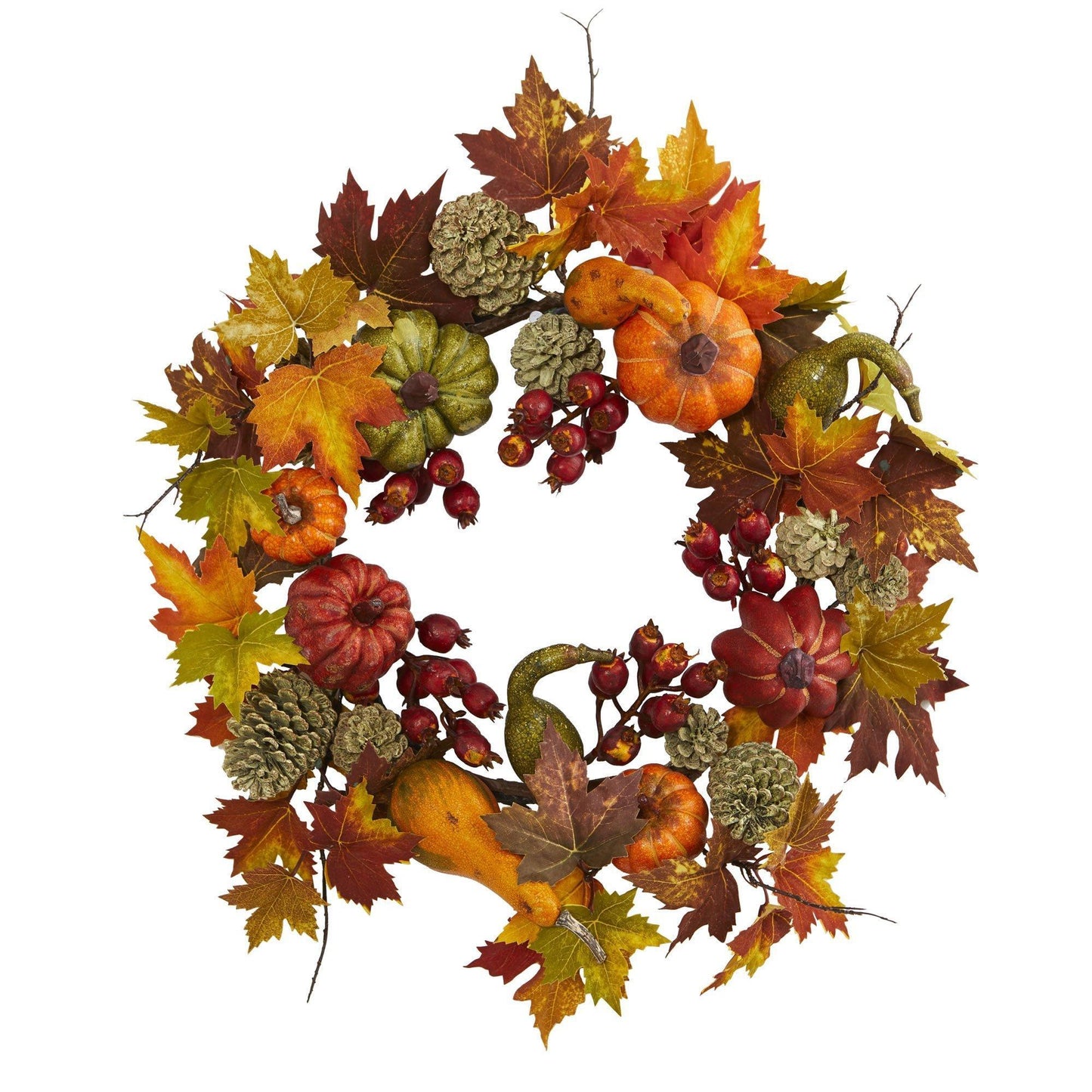 24 inch Pumpkin Gourd Berry Maple Leaf Wreath with autumn leaves pinecones on Tampa Home & Garden Store