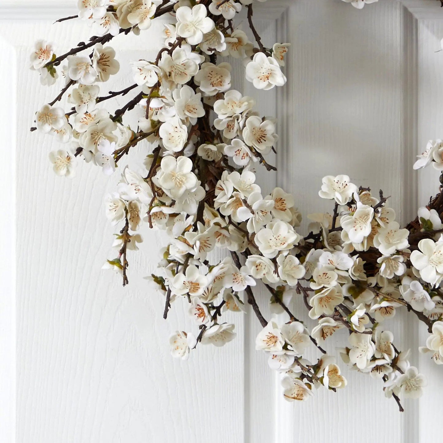 Wreath 24-inch silk plum blossom with white flowers on brown stems for window decor on Tampa Home & Garden Store