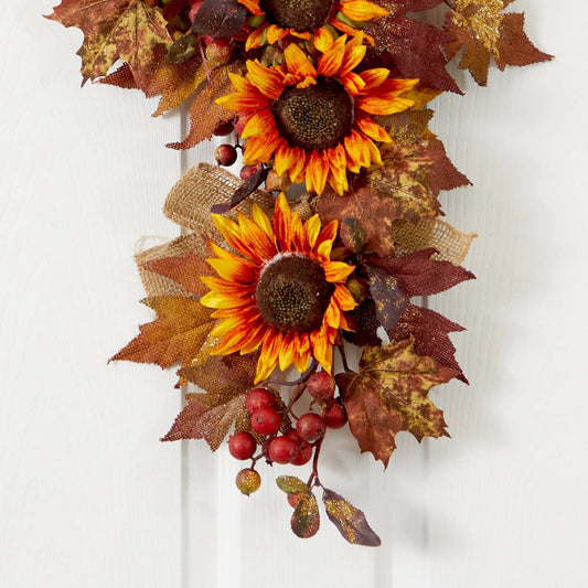 Sunflower and Berry Teardrop Wreath, 24in artificial fall decor by Nearly Natural on Tampa Home & Garden Store