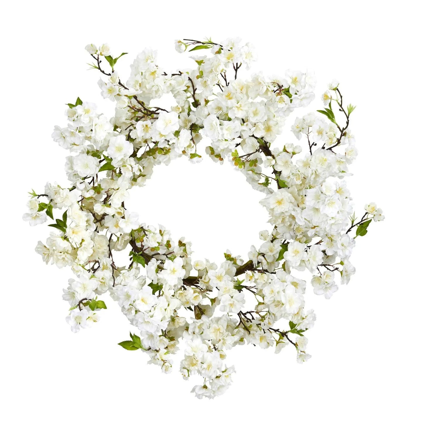 White Flower Blossom Wreath with blooms on brown branches by Nearly Natural for spring decor on Tampa Home & Garden Store