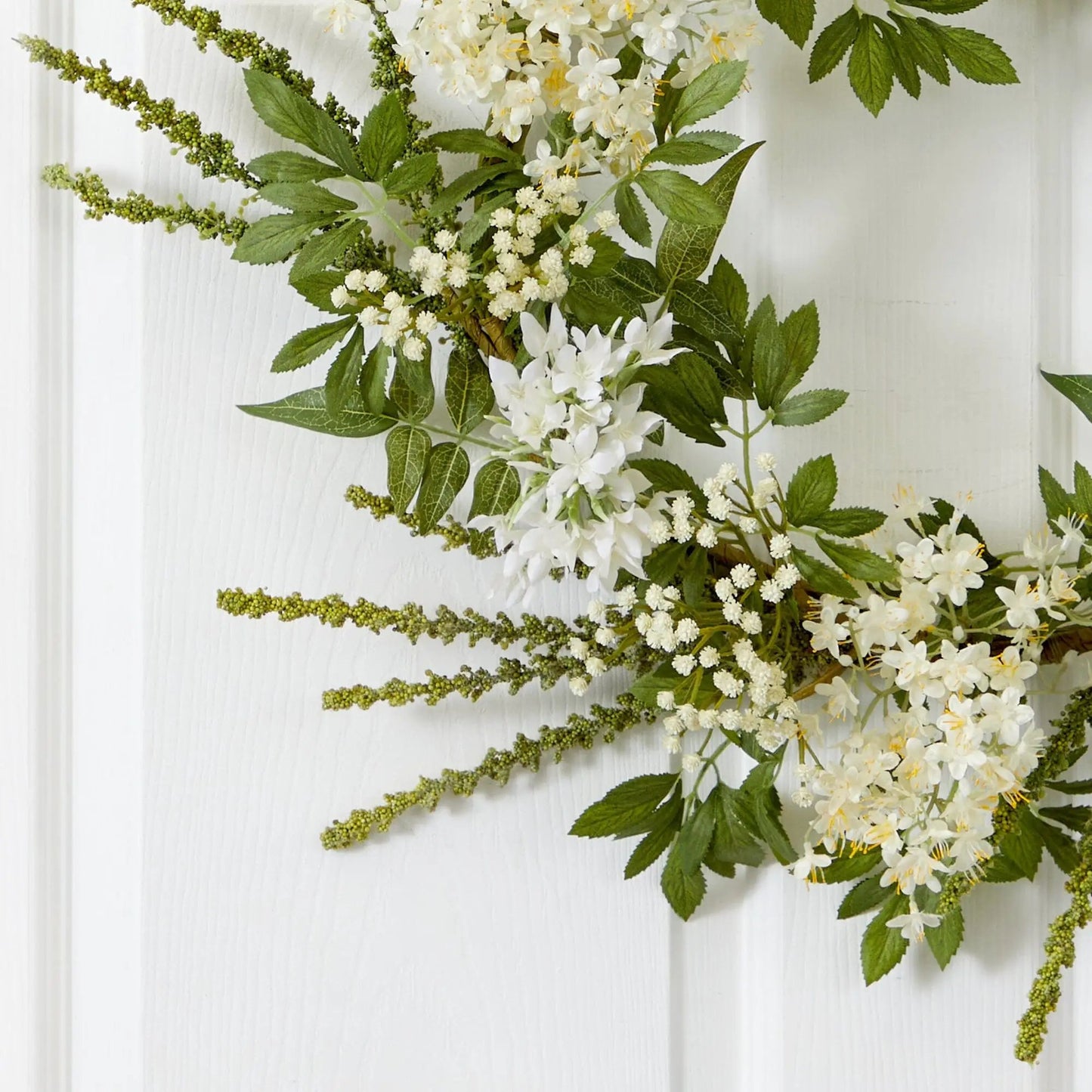 Wreath 24-inch white mixed floral artificial with green leaves, Nearly Natural on Tampa Home & Garden Store