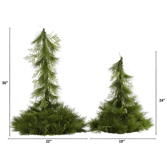 Tabletop Christmas decor set of 2: Nearly Natural artificial pine trees, 24 & 36 in, green on Tampa Home & Garden Store