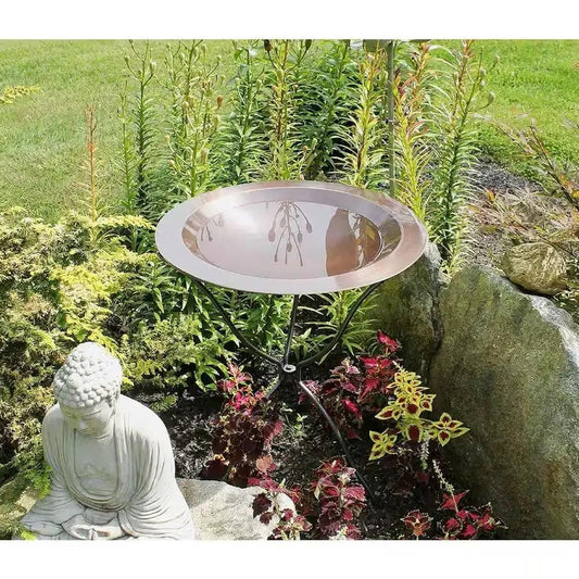 Bird Bath 24-Inch Round Copper Plated Brass with reflective bowl and black metal stand on Tampa Home & Garden Store