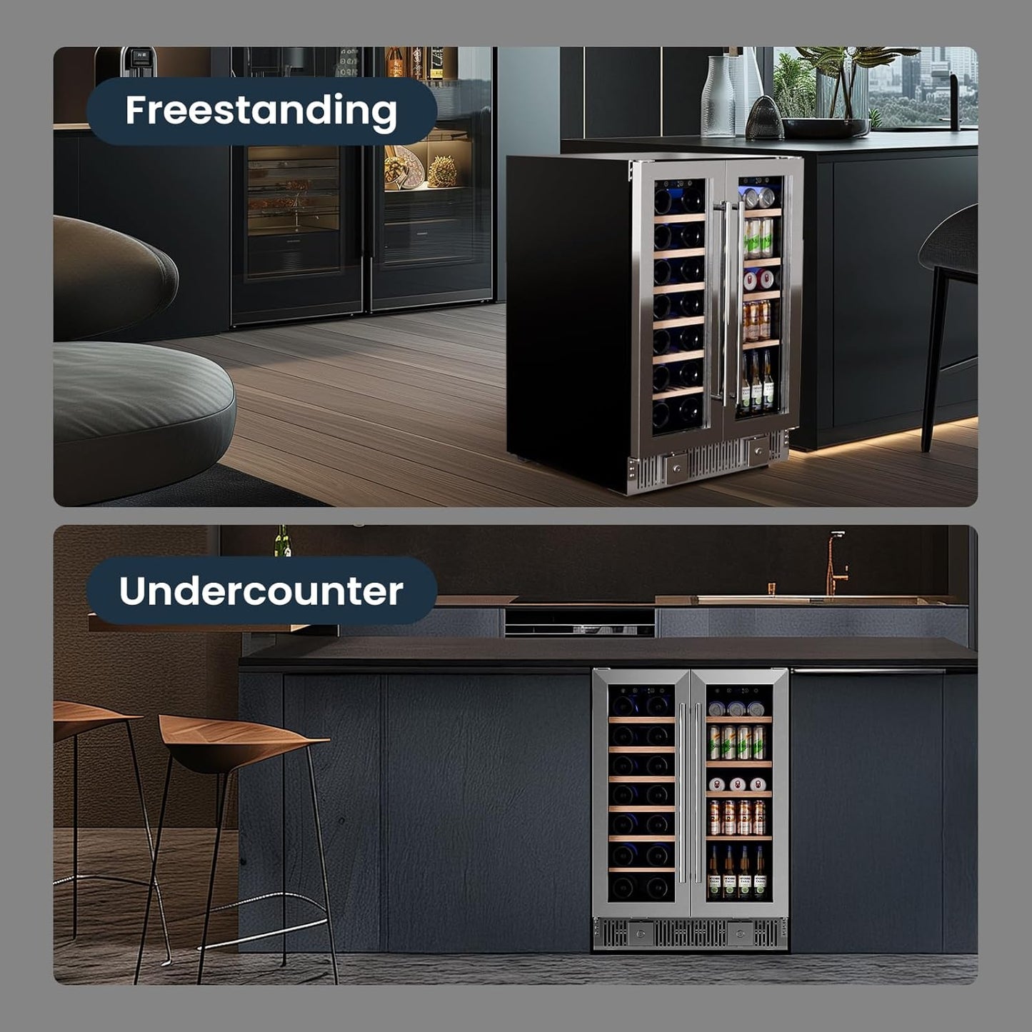Refrigerador de vinos de doble zona de 24 pulgadas, refrigerador de bebidas W51115