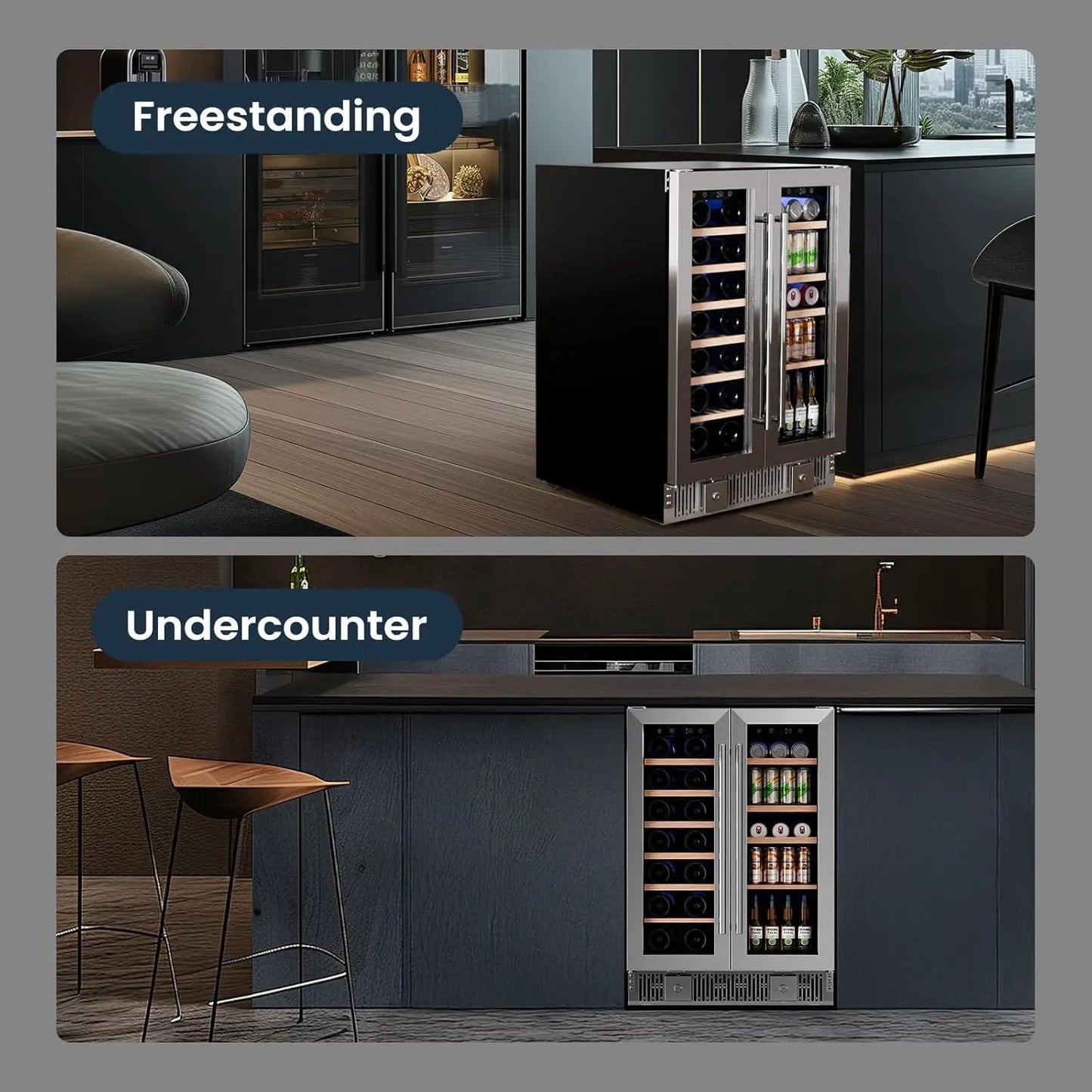 Wine Fridge Kismile 24 Inch Dual Zone W51115, stainless steel glass-door cooler on Tampa Home & Garden Store
