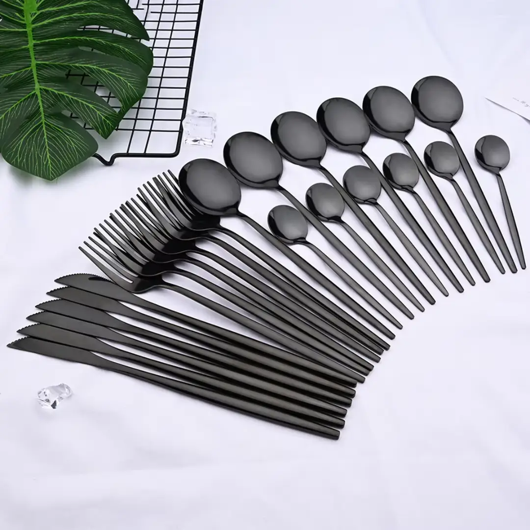 Black stainless steel flatware set for 4 with steak knives 24-piece includes forks spoons knives on Tampa Home & Garden Store