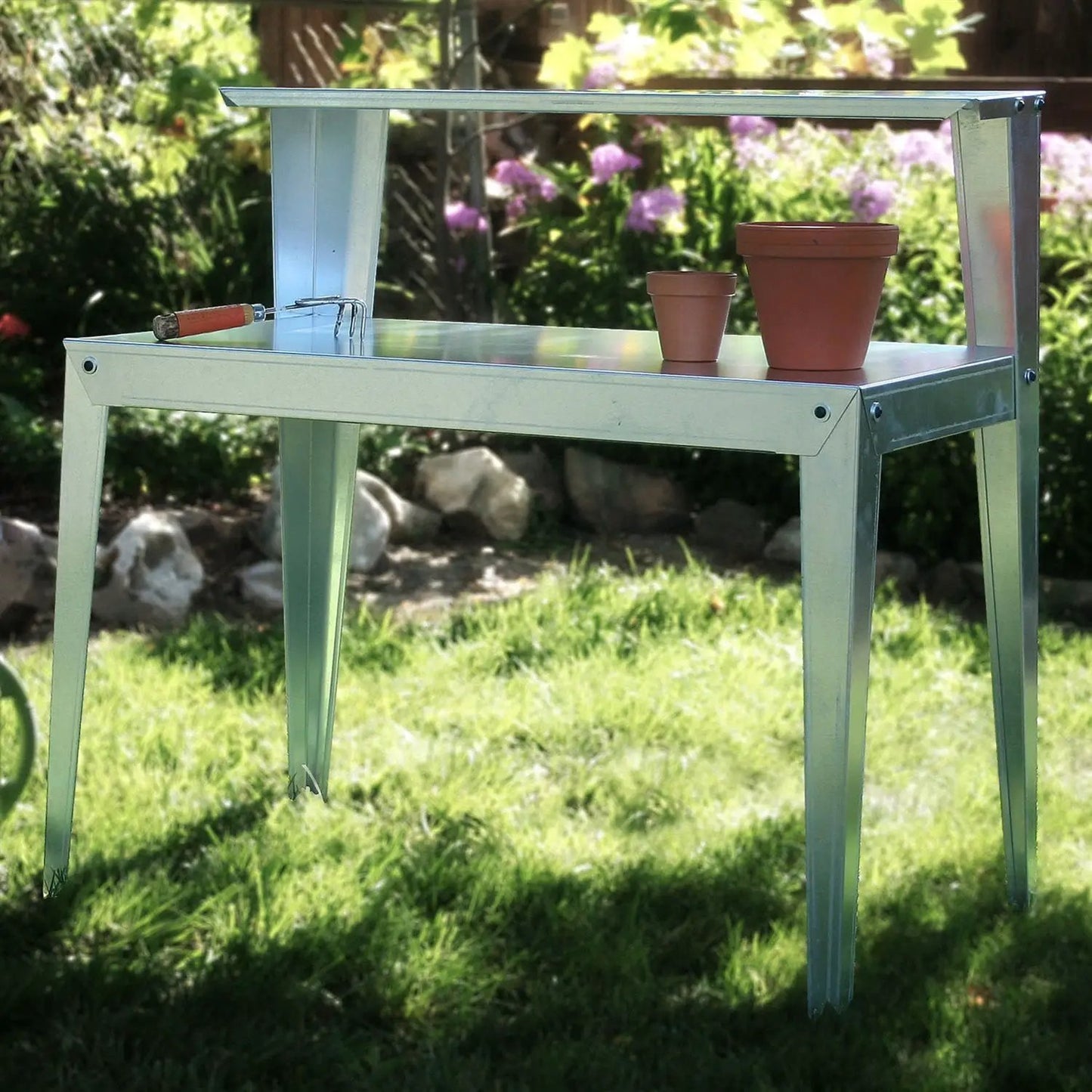24 x 44 Inch Galvanized Steel Potting Bench outdoor metal worktable with raised back shelf on Tampa Home & Garden Store
