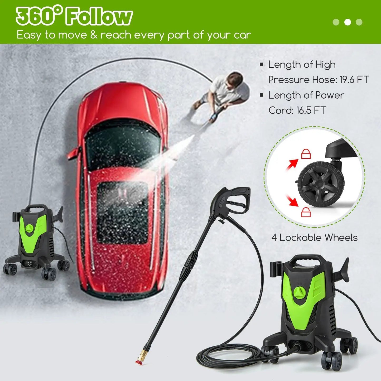 2400 PSI Electric Pressure Washer with 4 Universal Wheels-Green - Tampa Home & Garden Store