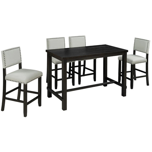 Trexm 5-Piece Counter Height Dining Set Espresso dark wood table with beige chairs on Tampa Home & Garden Store
