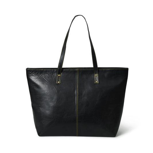 Kim and Blair leather tote bag black with yellow stitching on Tampa Home & Garden Store