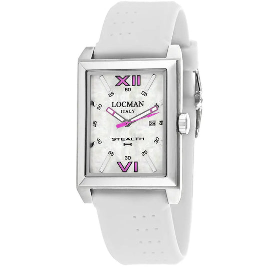 Locman Classic rectangular men's watch with white strap, mother-of-pearl dial, pink hands on Tampa Home & Garden Store