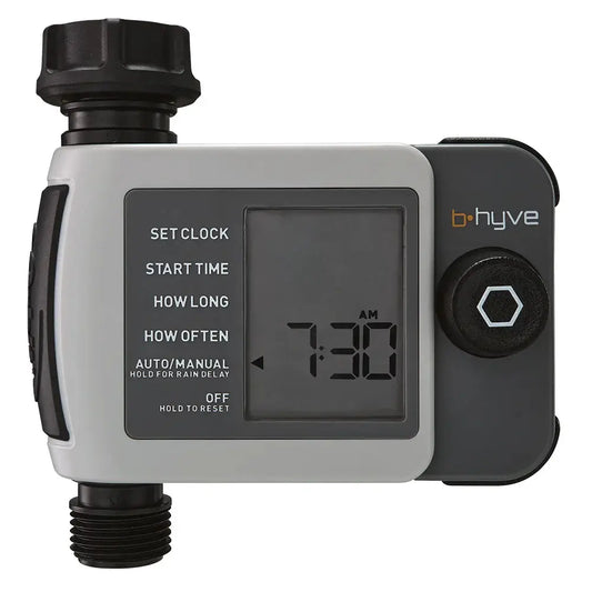 B-hyve XD Hose Timer for sprinkler controls with gray body and black dial on hose bib on Tampa Home & Garden Store