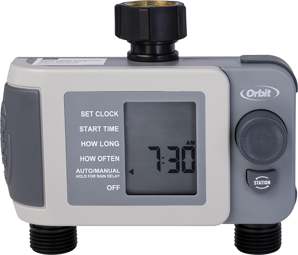 Orbit 2-outlet programmable hose faucet timer with gray body and LCD display on Tampa Home & Garden Store