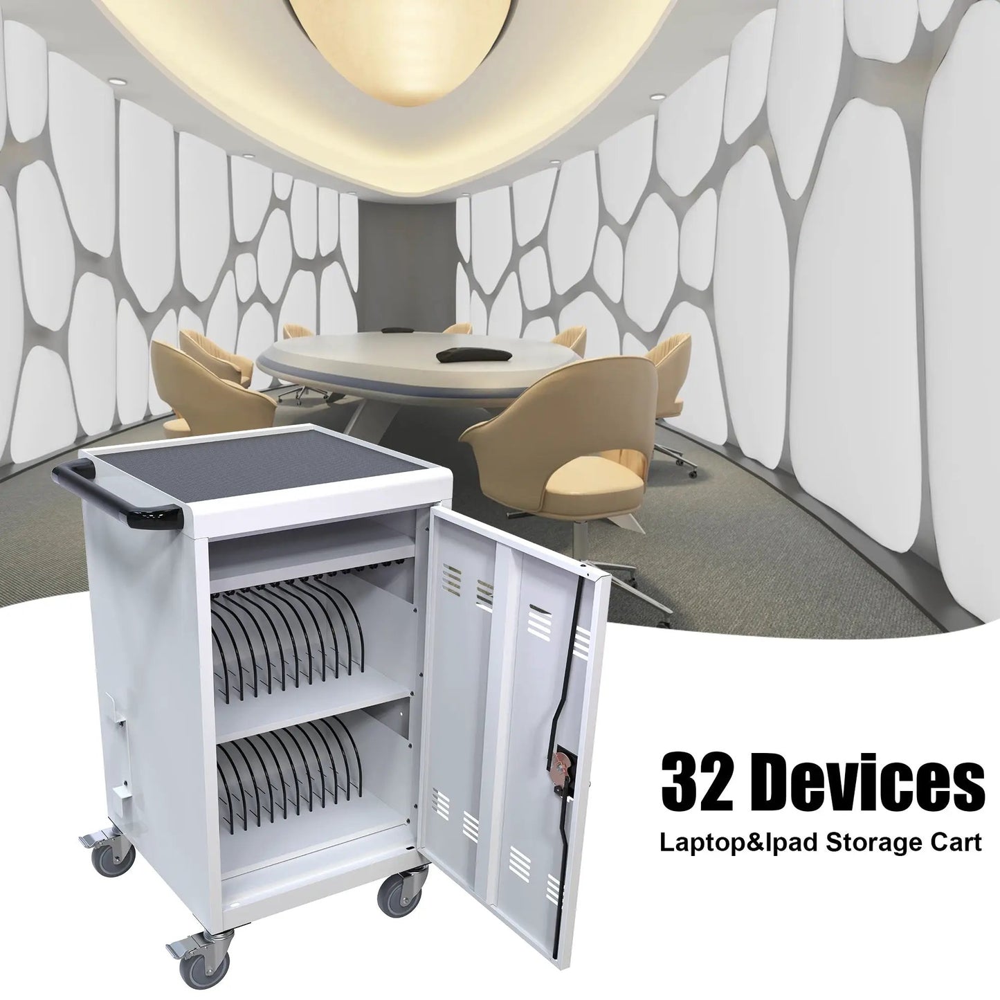 Mobile charging cart and cabinet for tablets, gray metal with 32-device storage, front rack on Tampa Home & Garden Store
