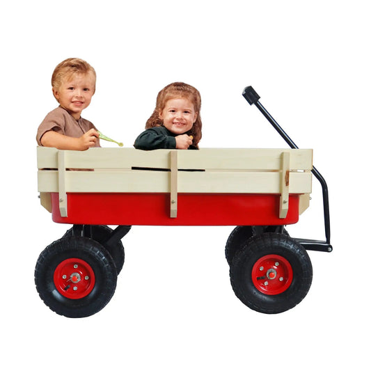 Outdoor All Terrain Wagon with Wood Railing in red carrying 2 children on Tampa Home & Garden Store