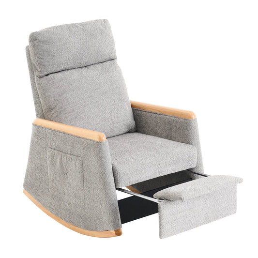 Accent rocking chair with footrest and high back in grey fabric, light wood armrests on Tampa Home & Garden Store