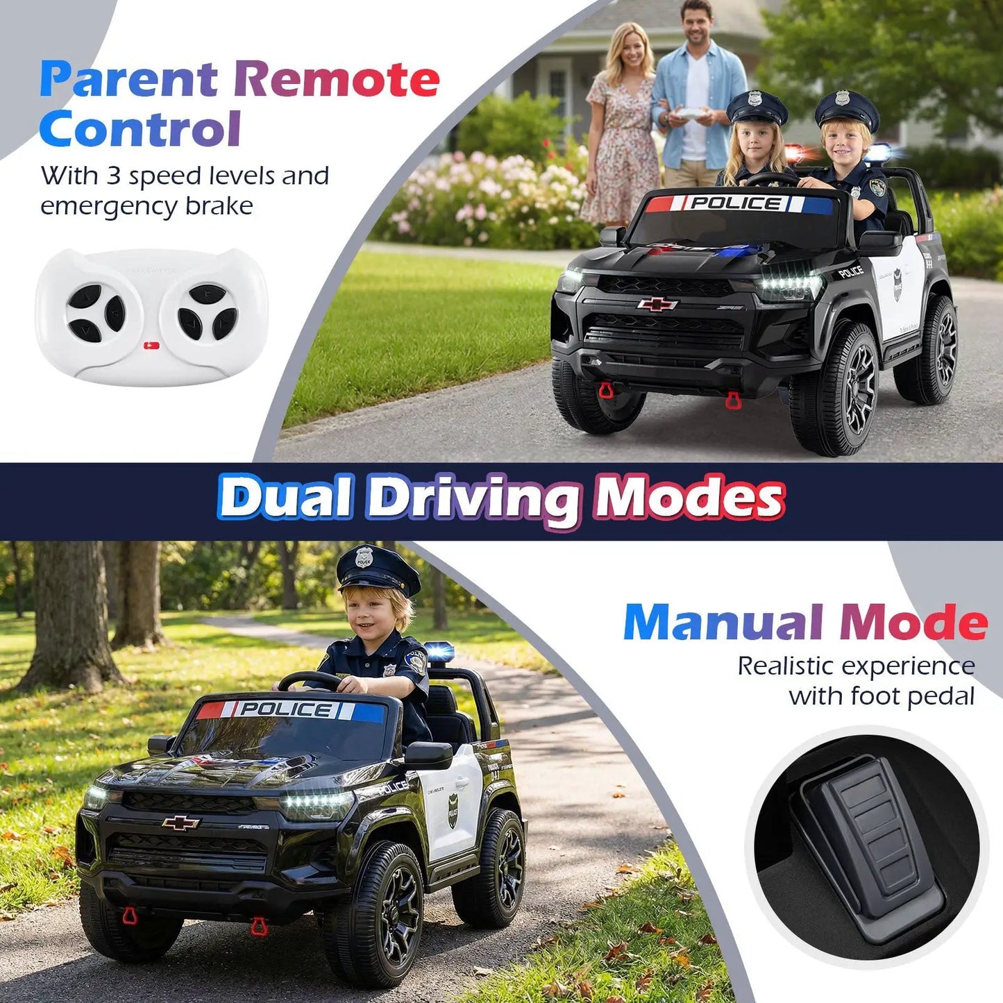 24V 2-Seater Police Ride-On Chevy SUV with LED lights and remote control on Tampa Home & Garden Store