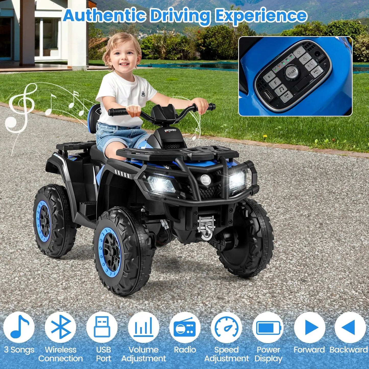 DirectDeals 24V Kids ATV 2-Seater blue with 4 motors, built-in music and LED headlights on Tampa Home & Garden Store