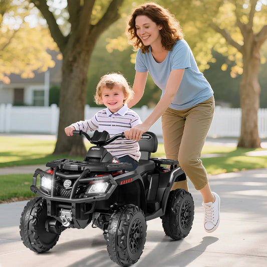 24V Kids ATV 2-Seater with four motors in black featuring LED headlights on Tampa Home & Garden Store