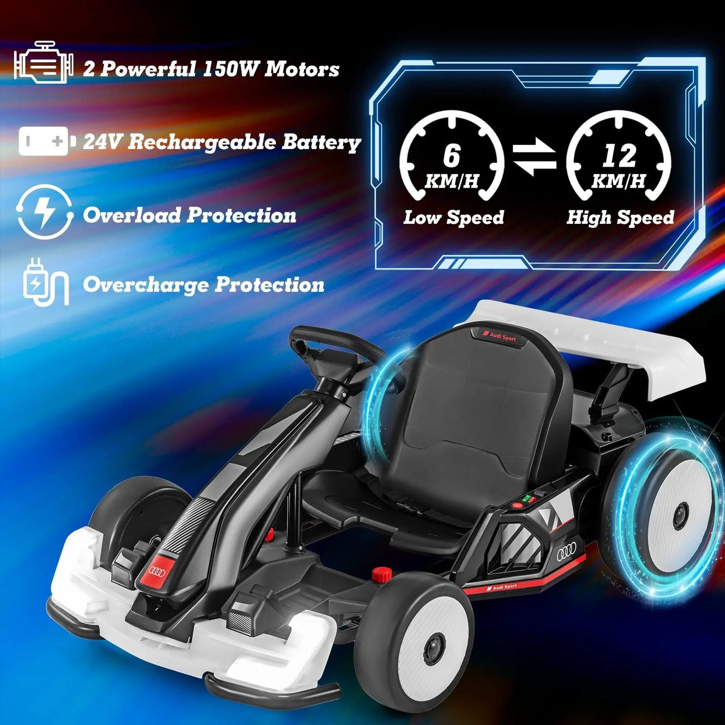 Audi licensed 24V kids go kart ride-on by DirectDeals with dual 150W motors, black chassis on Tampa Home & Garden Store