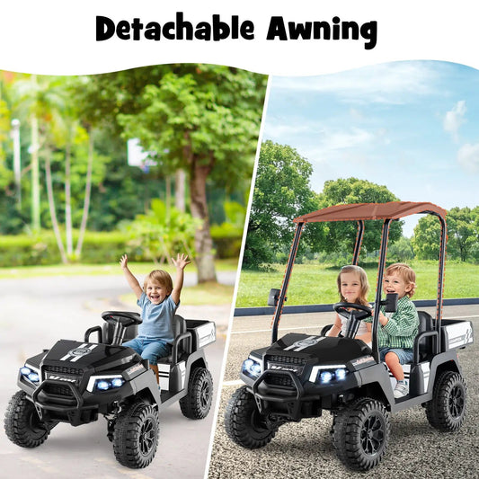 Two 24V kids golf carts 4WD 2-seaters with detachable awnings, black/white and black/orange on Tampa Home & Garden Store