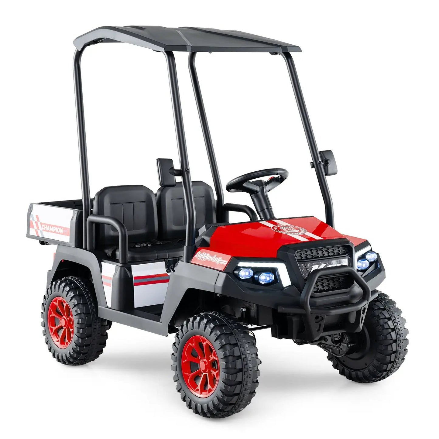 24V kids electric golf cart 4WD red 2-seater with storage trunk Champion branding on Tampa Home & Garden Store