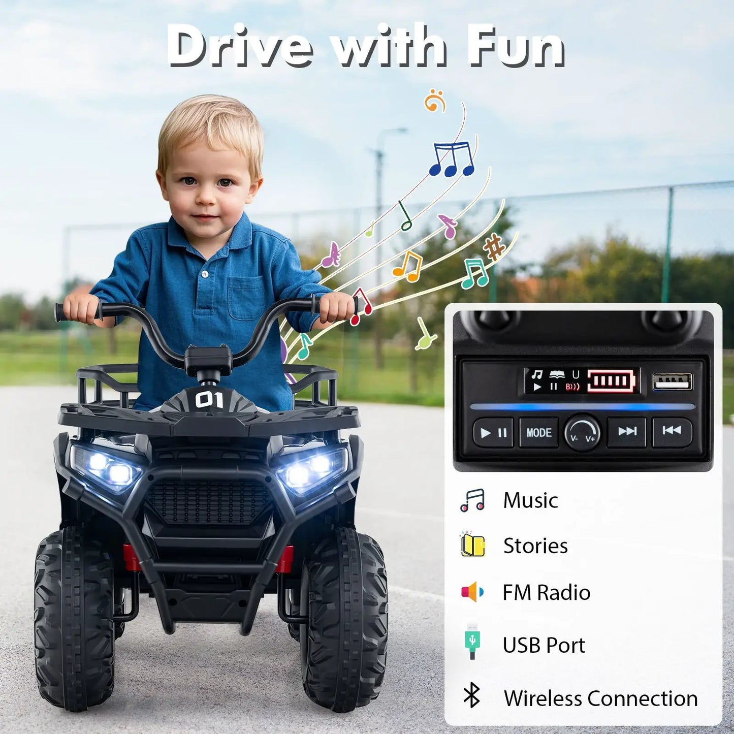 DirectDeals 24V Kids Ride Electric ATV black ride-on with music console on Tampa Home & Garden Store