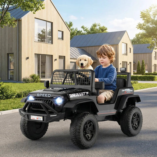 24V kids ride-on car with remote; black off-road jeep, child driver, dog passenger on Tampa Home & Garden Store