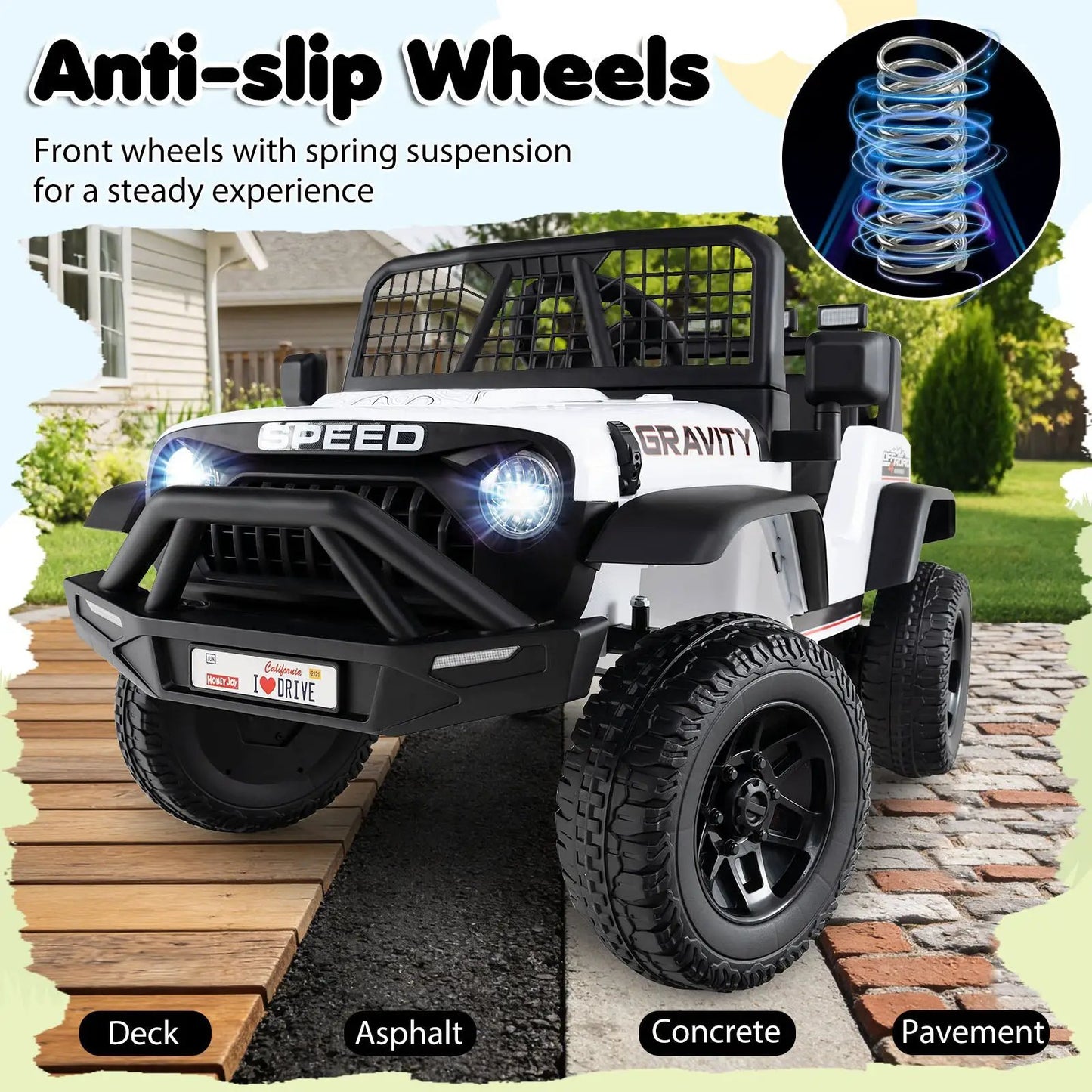 24V kids ride-on car white jeep-style electric vehicle with black grille and rugged tires on Tampa Home & Garden Store