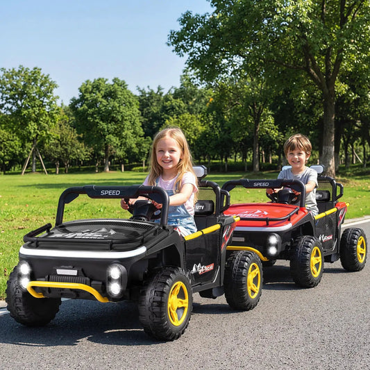 24V two-seater ride-on truck for kids with horn, black/red with yellow wheels DirectDeals on Tampa Home & Garden Store