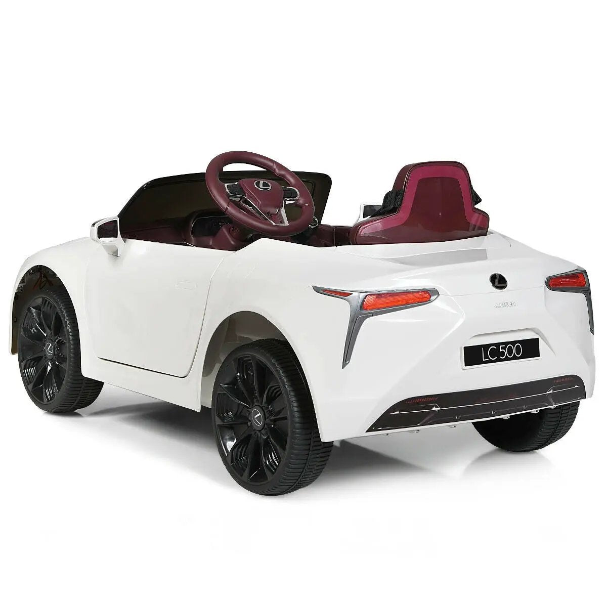 Licensed Lexus LC500 ride-on car for kids, white exterior, burgundy interior, black wheels on Tampa Home & Garden Store