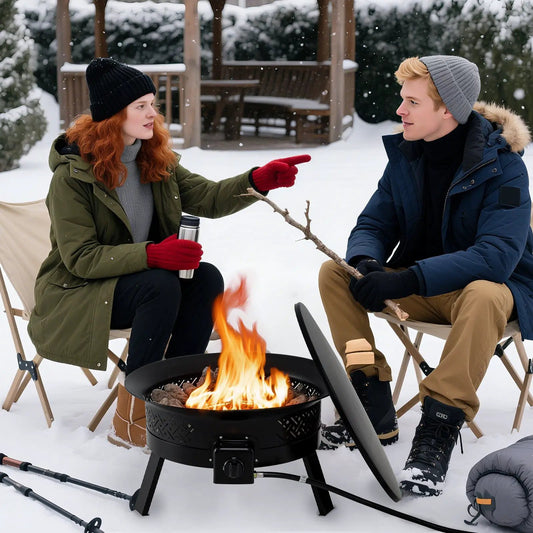 24.5-inch portable propane fire pit with carry strap, black metal, folding legs in snow on Tampa Home & Garden Store