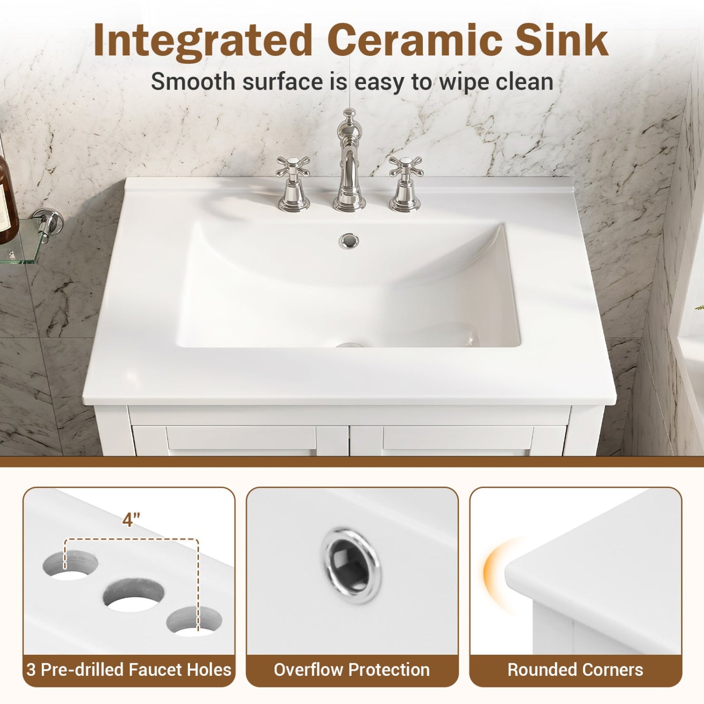 Bathroom Vanity with Integrated Ceramic Sink and Drawer, 24.5in, white, DirectDeals, faucet on Tampa Home & Garden Store