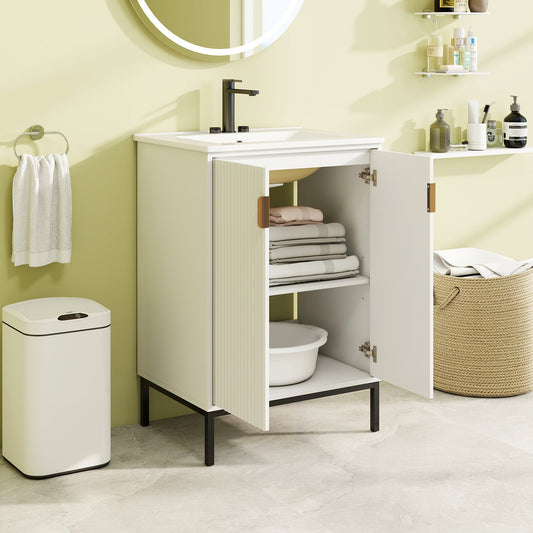 Tocador de Baño de 24 Pulgadas con Lavabo y Estante Ajustable - Blanco